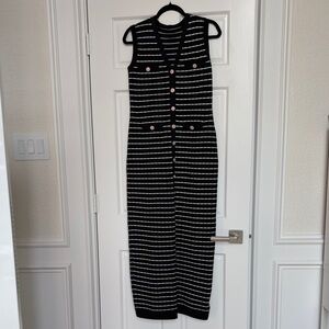 Commense Black & White Striped Sleeveless Maxi Dress with Button Front